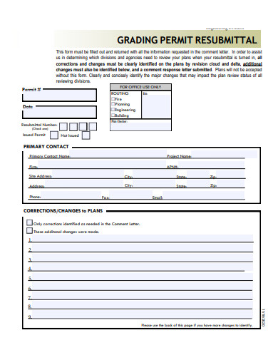 grading permit resubmittal form template