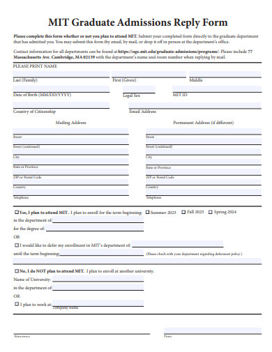 graduate admissions reply form template
