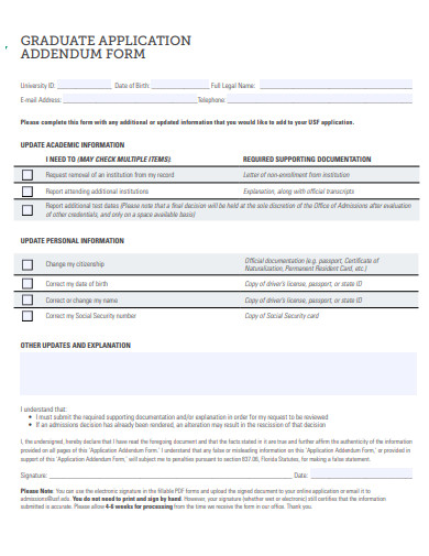 graduate application addendum form template