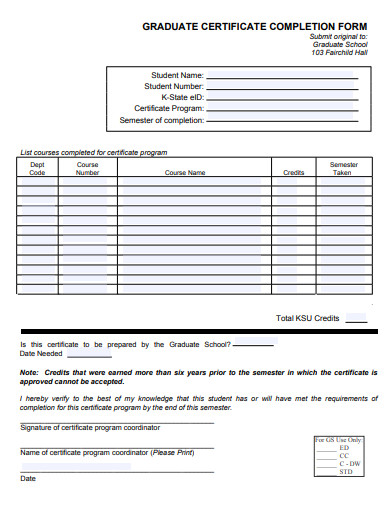 graduate certificate completion form template