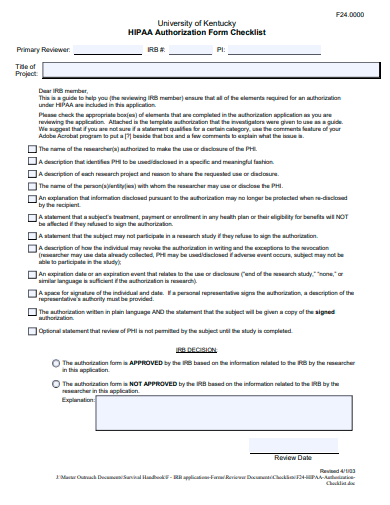 hippa authorization form checklist template