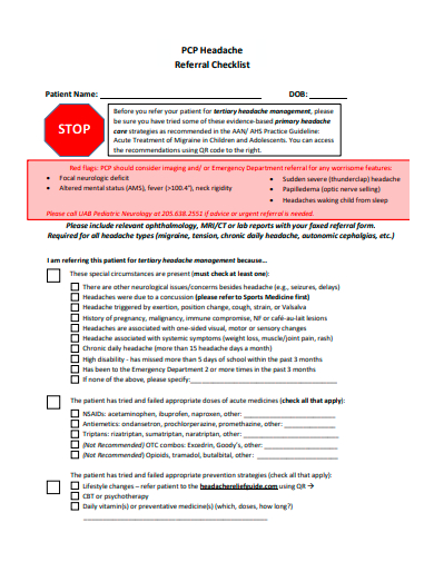 headache referral checklist template