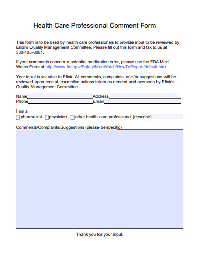 health care professional comment form template