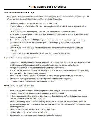 hiring supervisors checklist template