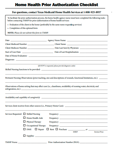 home health prior authorization checklist template