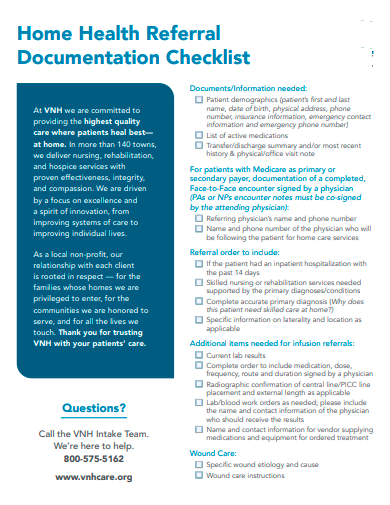 home health referral documentation checklist template