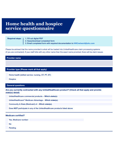home health service questionnaire template