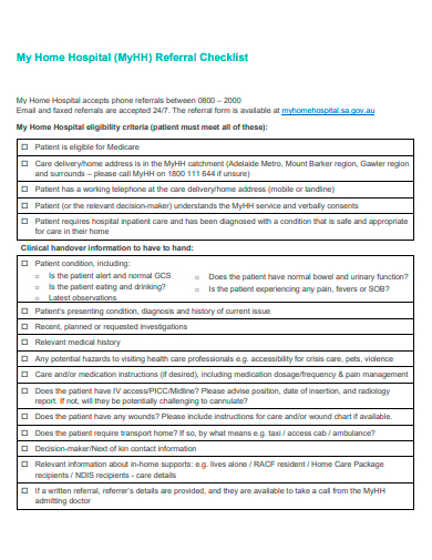 home hospital referral checklist template