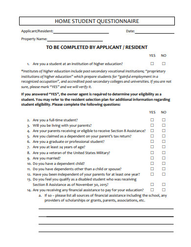 home student questionnaire template