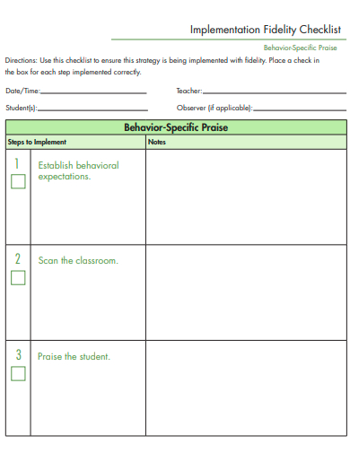 implementation fidelity checklist template