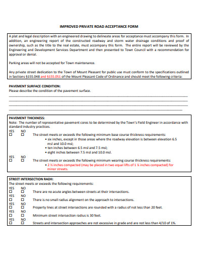 improved private road acceptance form template