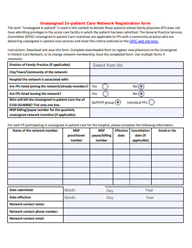 in patient care network registration form template