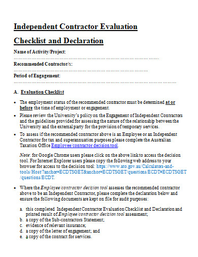independent contractor evaluation checklist template