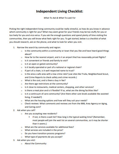 independent living checklist template