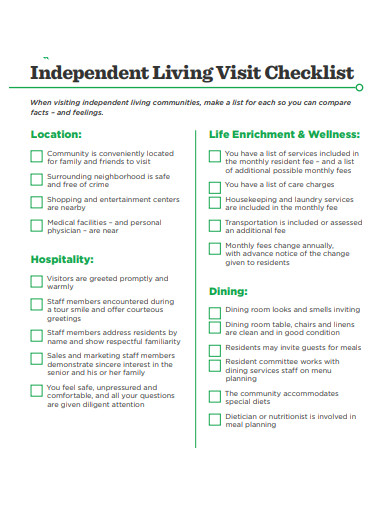 independent living visit checklist template