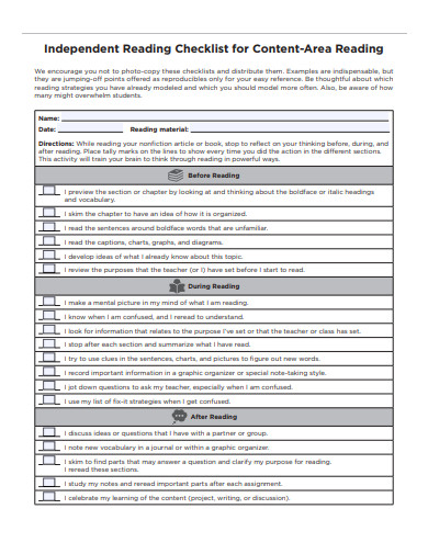 independent reading checklist template