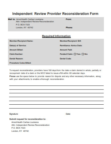 independent review provider reconsideration form template
