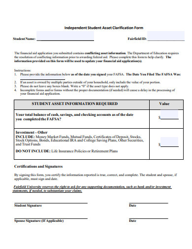 independent student asset clarification form template