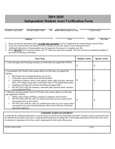 independent student asset verification form template