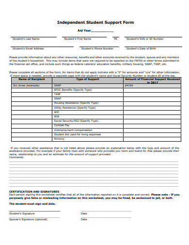 independent student support form template