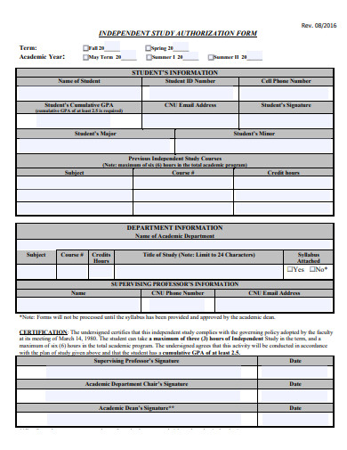 independent study authorization form template
