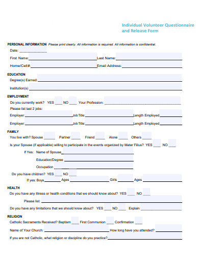 individual volunteer questionnaire and release form template