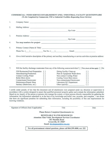 industrial facility questionnaire template