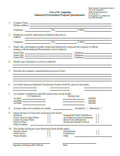 industrial pretreatment program questionnaire template
