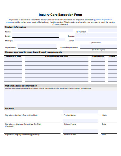 inquiry core exception form template