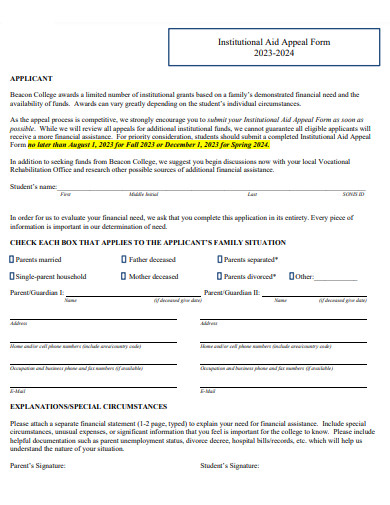 institutional aid appeal form template1
