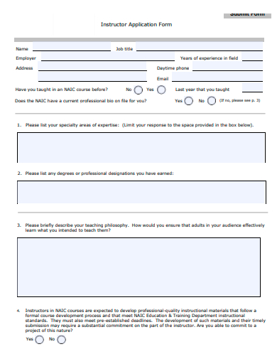 instructor application form template