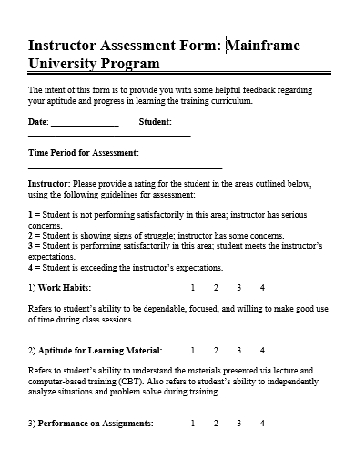 instructor assessment form template