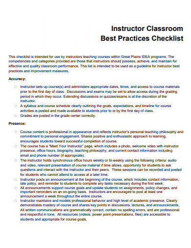 instructor classroom checklist template