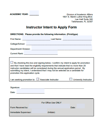 instructor intent to apply form template