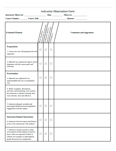 instructor observation form template