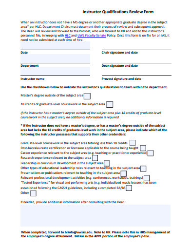 instructor qualifications review form template