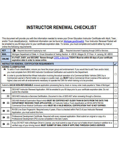instructor renewal checklist template