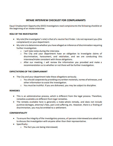 intake interview checklist for complaints template