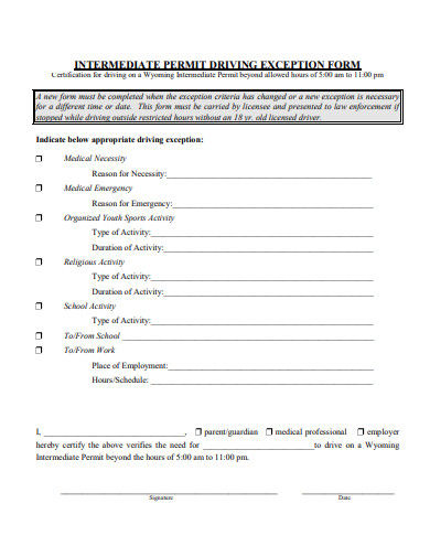 intermediate permit driving exception form template