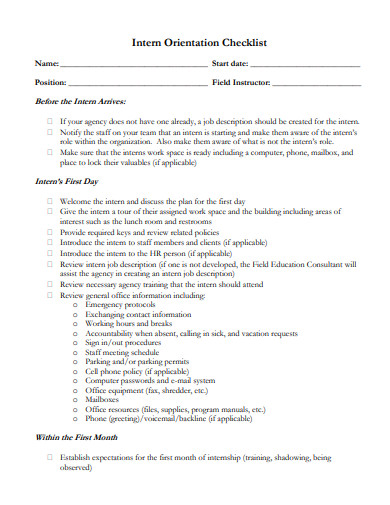 intern orientation checklist template