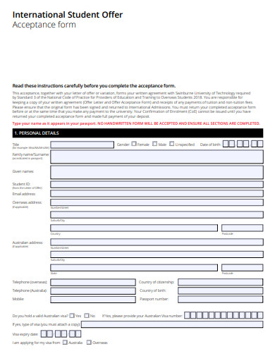 international student offer acceptance form template