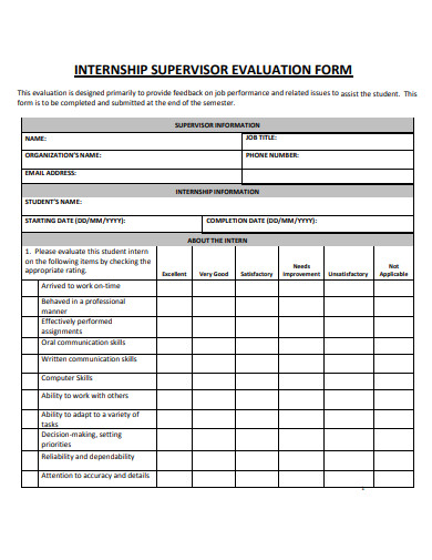internship supervisor evaluation form template