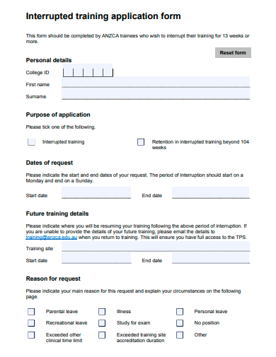 interrupted training application form template