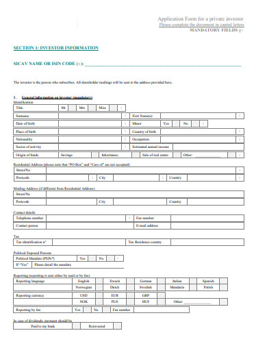 investor information application form template