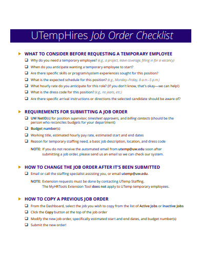 job order checklist template