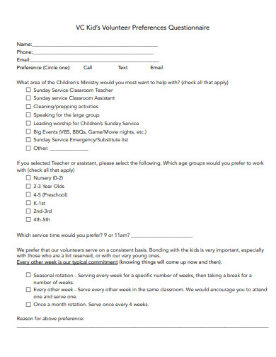 kids volunteer preferences questionnaire template