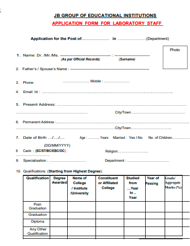 laboratory staff application form template