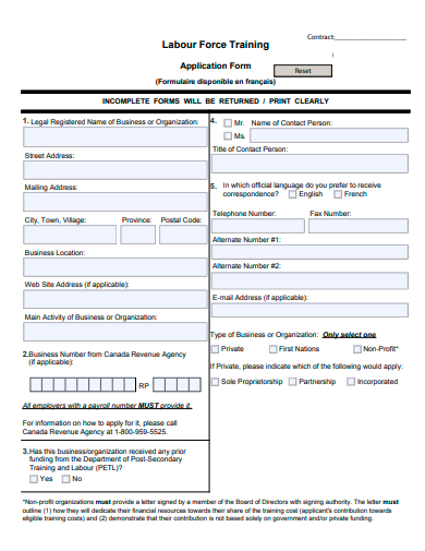 labour force training application form template