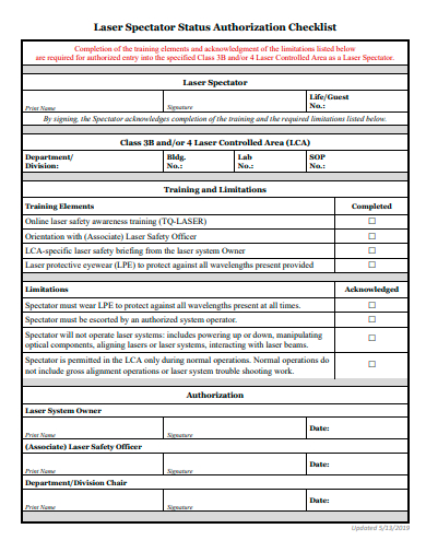 laser spectator status authorization checklist template