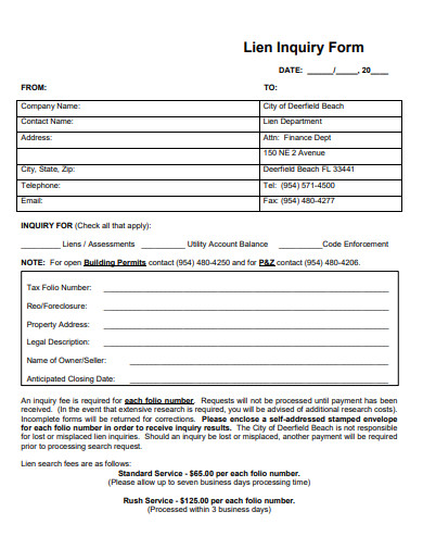 lien inquiry form template